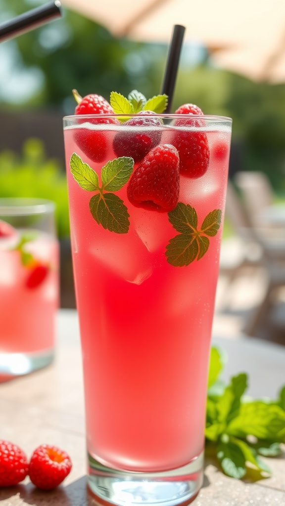 Refreshing tequila berry lemonade in a tall glass with ice, garnished with fresh berries and mint.
